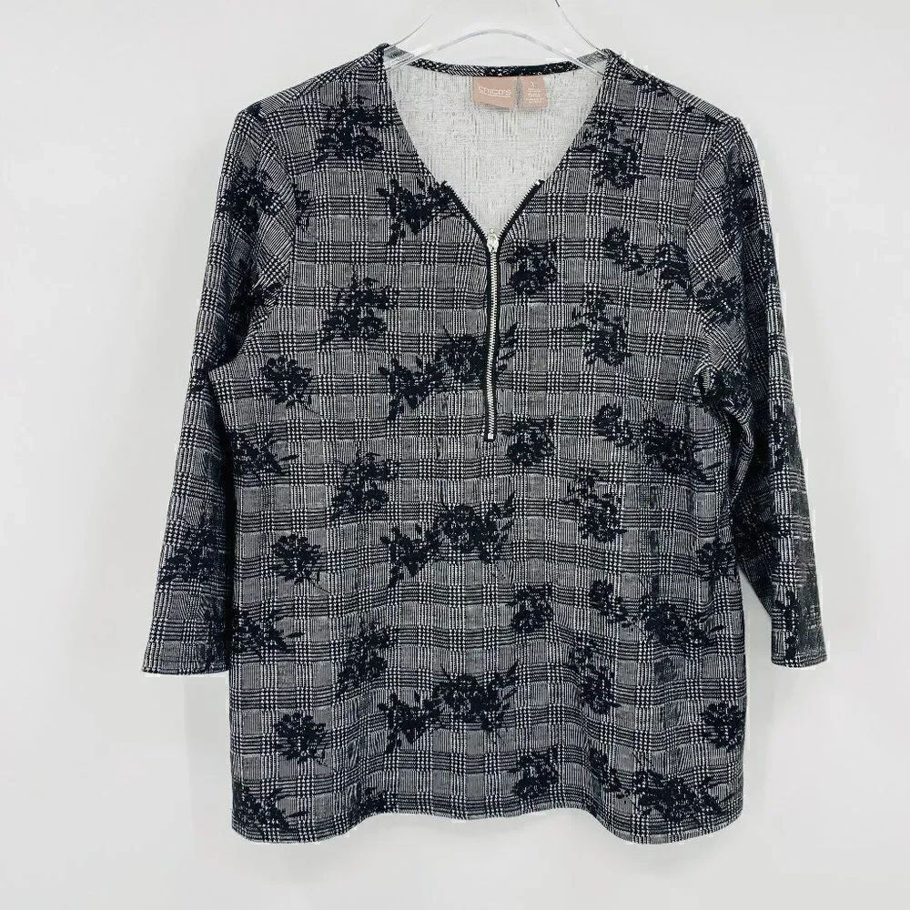 Chico's Size Medium Black & Gray Plaid Floral 3/4 Sleeve Zipper Detail Knit Top